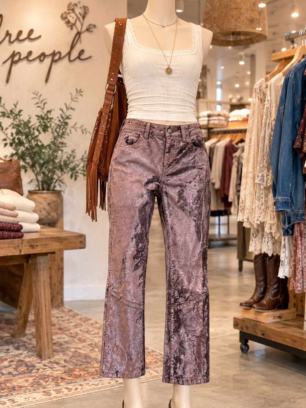 Free People Crushed Velvet Cropped Pants Size 26 Mauve Pink Purple Stretch